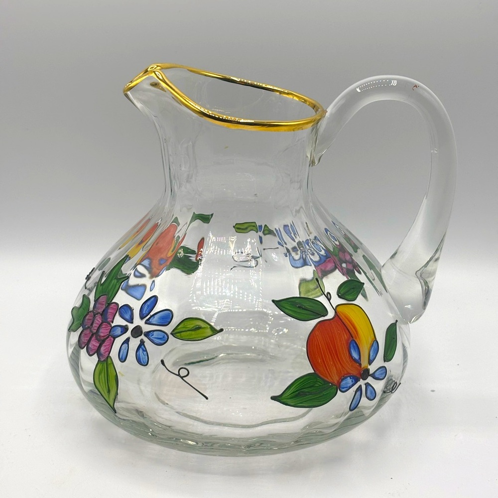 Vtg Fifth Avenue hand painted Romanian crystal 8" fruit floral gold rim pitcher